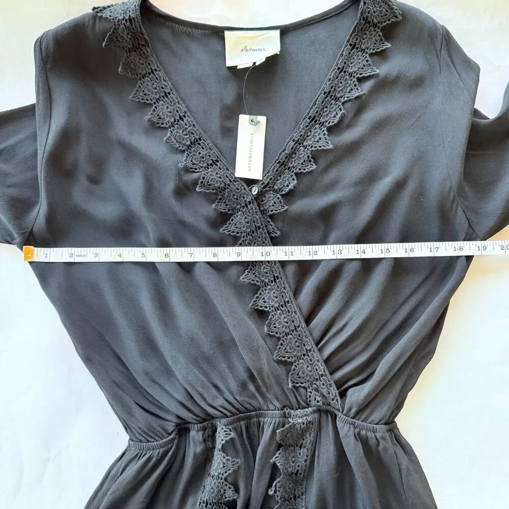 NWT Anthropologie Elevenses Lace-Trimmed Romper 3/4 Sleeves V-Neck in Black Sz M - Picture 13 of 15